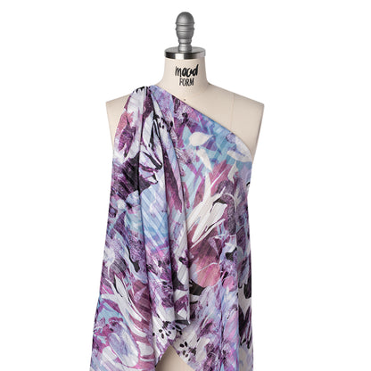 Polyester Satin-Striped Dobby with Metallic Pinstripes - Lavender, Sky Blue and Rose Abstract Florals - Designer Deadstock