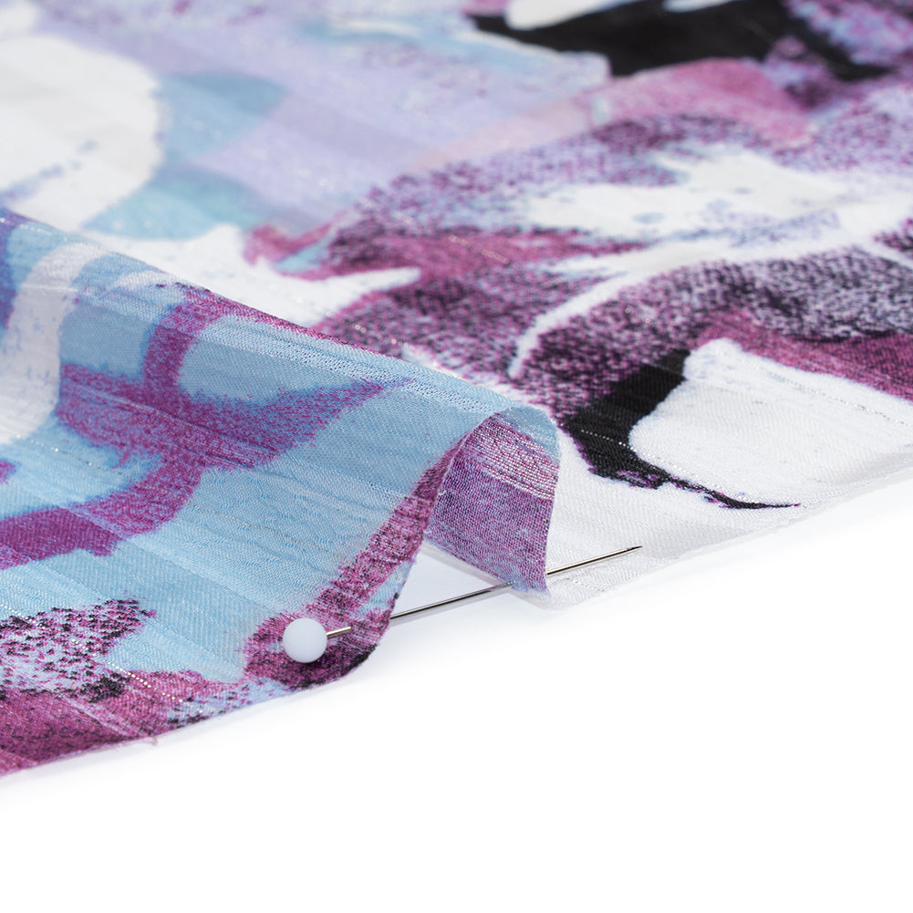 Polyester Satin-Striped Dobby with Metallic Pinstripes - Lavender, Sky Blue and Rose Abstract Florals - Designer Deadstock - Full - Image 4 of 5