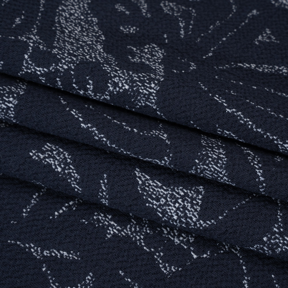 Puckered Polyester Jacquard Knit - Navy and Ivory Floral - Designer Deadstock - Folded