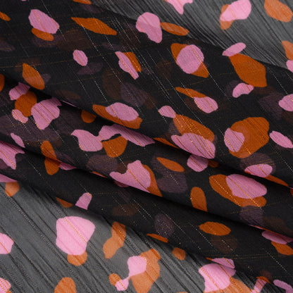 Polyester Chiffon with Metallic Gold Pinstripes - Black, Brown and Pink Abstract Spots - Designer Deadstock