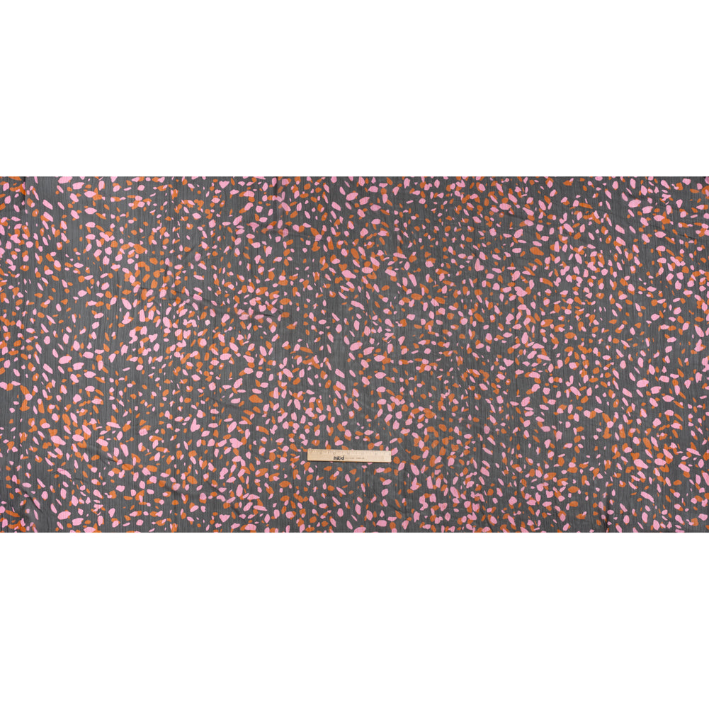 Polyester Chiffon with Metallic Gold Pinstripes - Black, Brown and Pink Abstract Spots - Designer Deadstock - Full