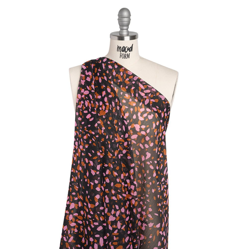 Polyester Chiffon with Metallic Gold Pinstripes - Black, Brown and Pink Abstract Spots - Designer Deadstock - Drape