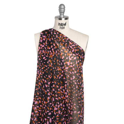 Polyester Chiffon with Metallic Gold Pinstripes - Black, Brown and Pink Abstract Spots - Designer Deadstock