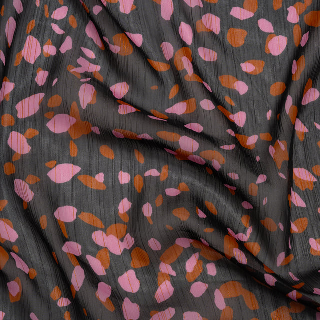 Polyester Chiffon with Metallic Gold Pinstripes - Black, Brown and Pink Abstract Spots - Designer Deadstock