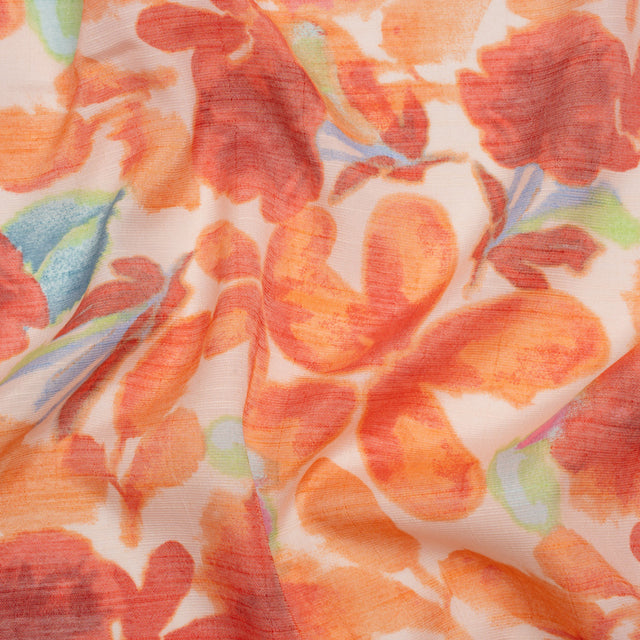 Slubbed Gauzy Rayon and Polyester Woven Print - Papaya Orange, Red and Green Floral - Designer Deadstock