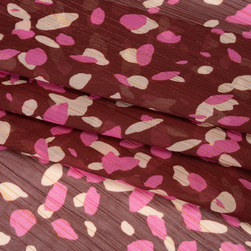 Crinkled Polyester Chiffon Print with Metallic Pinstripes - Burgundy, Pink and Cream Abstract Spots - Designer Deadstock Folded