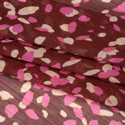 Crinkled Polyester Chiffon Print with Metallic Pinstripes - Burgundy, Pink and Cream Abstract Spots - Designer Deadstock Folded
