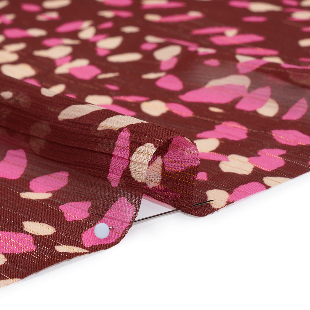 Crinkled Polyester Chiffon Print with Metallic Pinstripes - Burgundy, Pink and Cream Abstract Spots - Designer Deadstock Detail