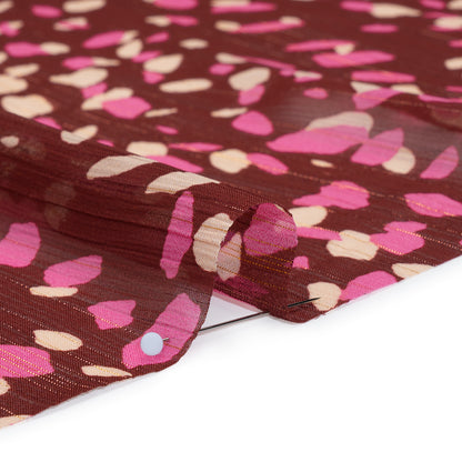 Crinkled Polyester Chiffon Print with Metallic Pinstripes - Burgundy, Pink and Cream Abstract Spots - Designer Deadstock Detail