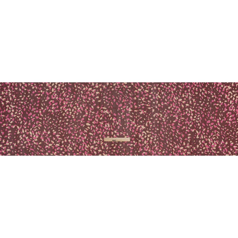 Crinkled Polyester Chiffon Print with Metallic Pinstripes - Burgundy, Pink and Cream Abstract Spots - Designer Deadstock Full