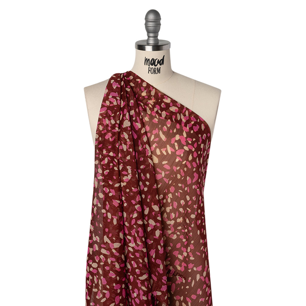 Crinkled Polyester Chiffon Print with Metallic Pinstripes - Burgundy, Pink and Cream Abstract Spots - Designer Deadstock Drape