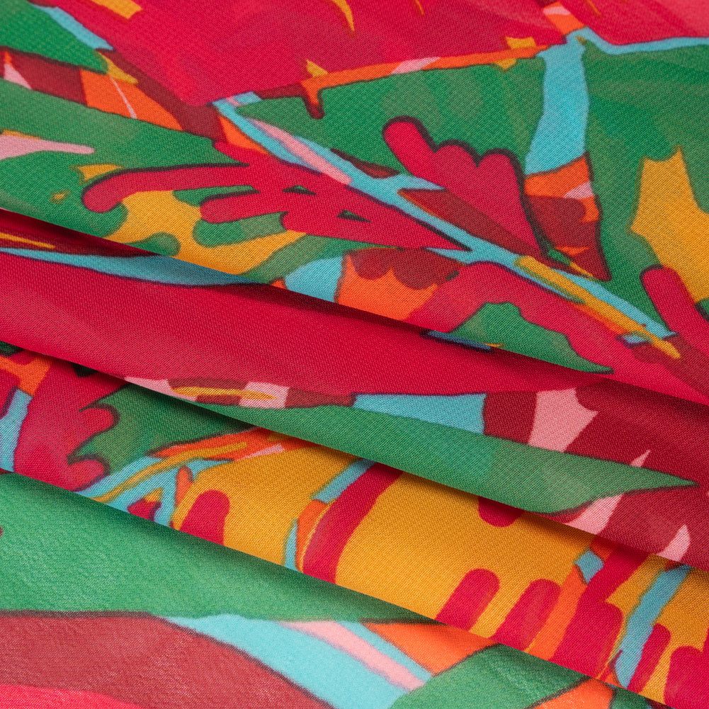 Polyester Chiffon Print - Red, Green and Yellow Tropical Leaves - Designer Deadstock - Folded