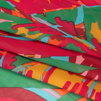 Polyester Chiffon Print - Red, Green and Yellow Tropical Leaves - Designer Deadstock