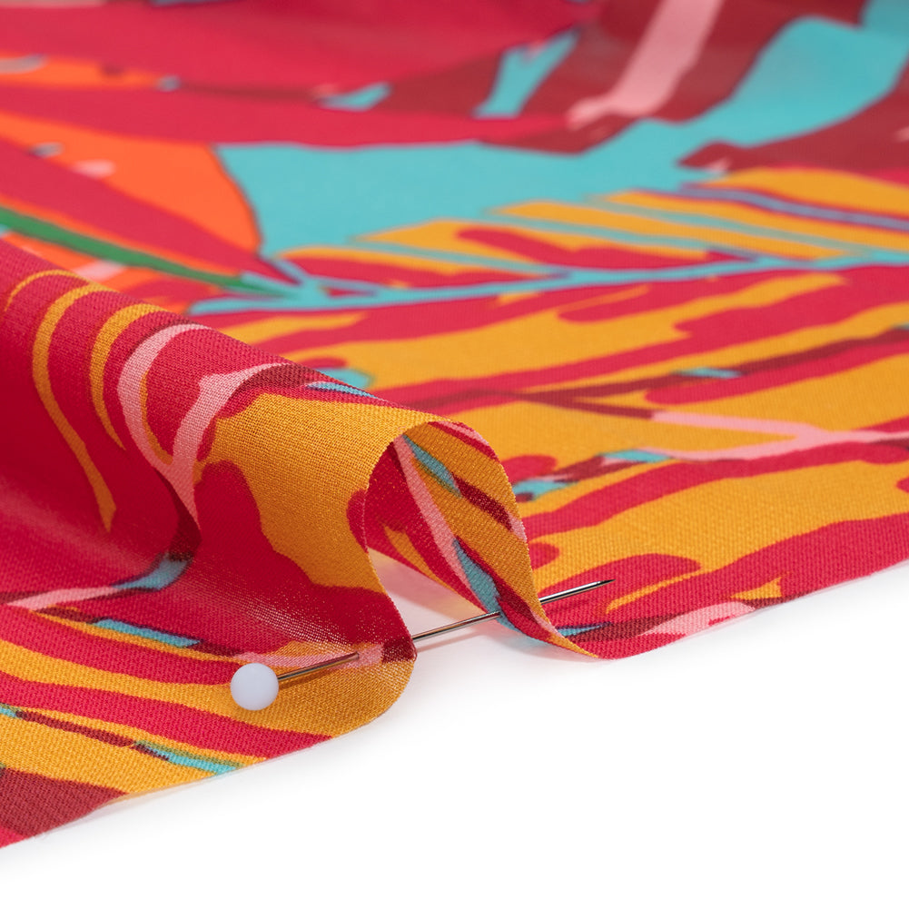 Polyester Chiffon Print - Red, Green and Yellow Tropical Leaves - Designer Deadstock - Detail