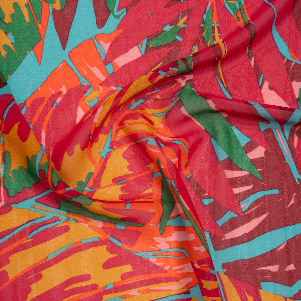 Polyester Chiffon Print - Red, Green and Yellow Tropical Leaves - Designer Deadstock