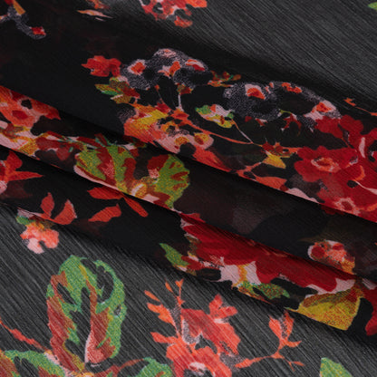 Crinkled Polyester Chiffon Print - Red, Green and Black Floral - Designer Deadstock
