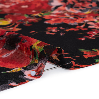 Crinkled Polyester Chiffon Print - Red, Green and Black Floral - Designer Deadstock