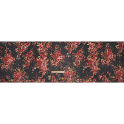 Crinkled Polyester Chiffon Print - Red, Green and Black Floral - Designer Deadstock