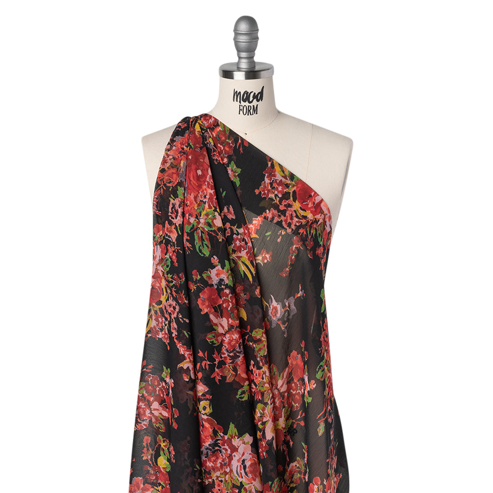 Crinkled Polyester Chiffon Print - Red, Green and Black Floral - Designer Deadstock - Drape