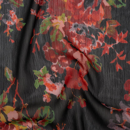 Crinkled Polyester Chiffon Print - Red, Green and Black Floral - Designer Deadstock