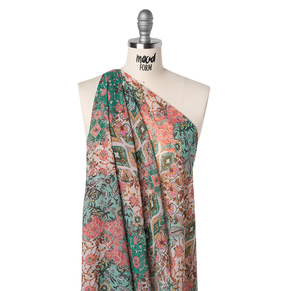 Polyester Chiffon Print - Pink, Mint Green and Yellow Flowers and Tiles Patchwork - Designer Deadstock Folded