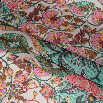 Polyester Chiffon Print - Pink, Mint Green and Yellow Flowers and Tiles Patchwork - Designer Deadstock Detail