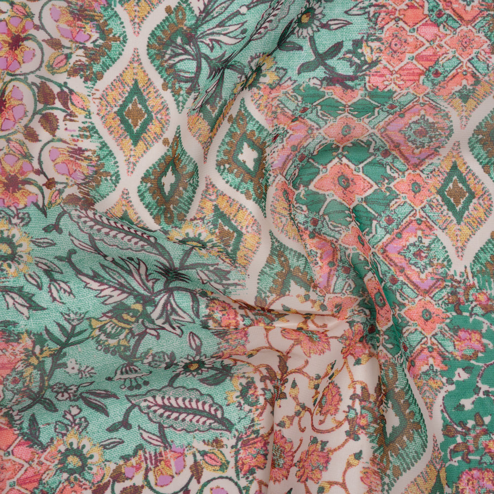 Polyester Chiffon Print - Pink, Mint Green and Yellow Flowers and Tiles Patchwork - Designer Deadstock Drape
