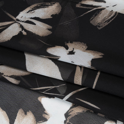 Polyester Chiffon Print - Black, Taupe and White Floral - Designer Deadstock
