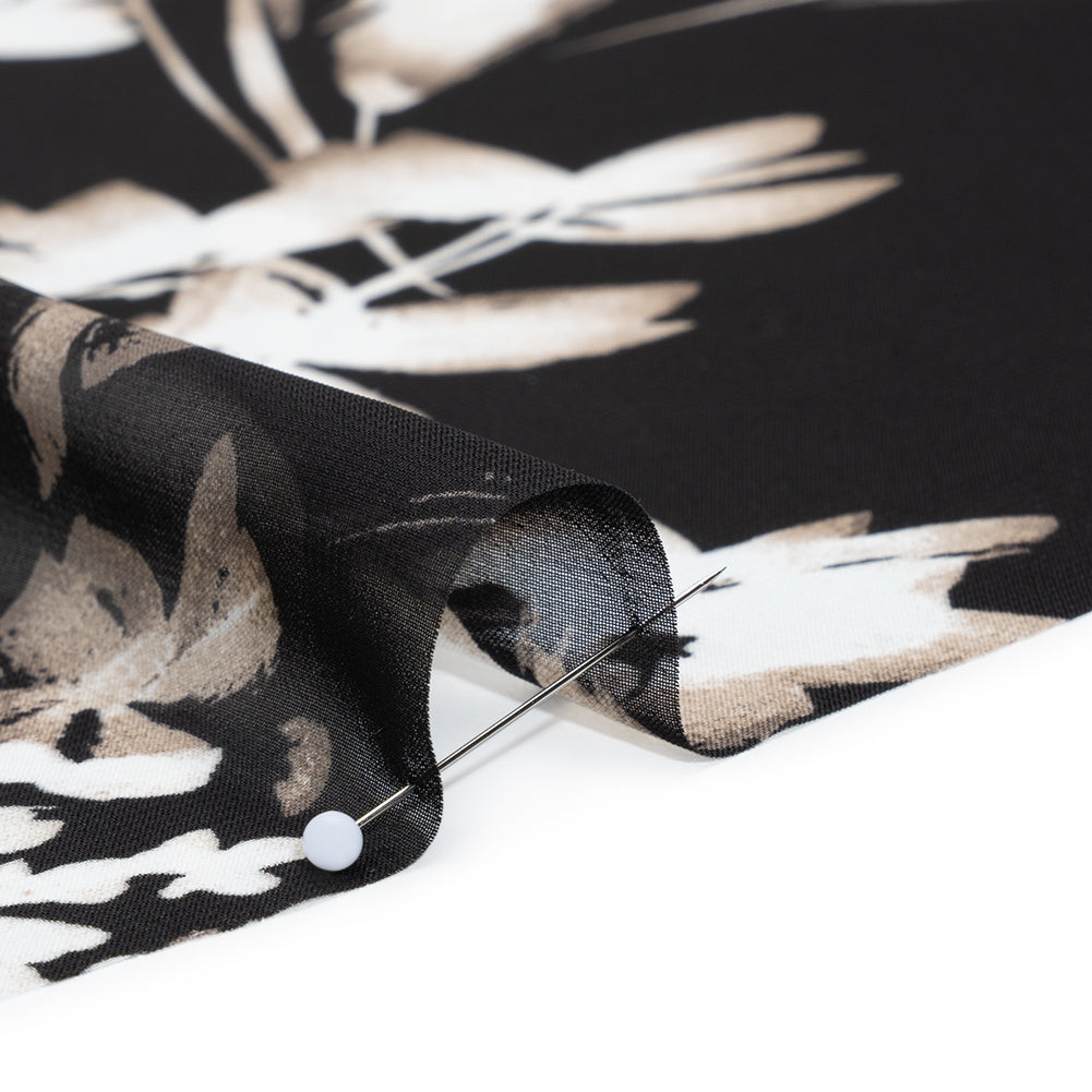 Polyester Chiffon Print - Black, Taupe and White Floral - Designer Deadstock - Detail