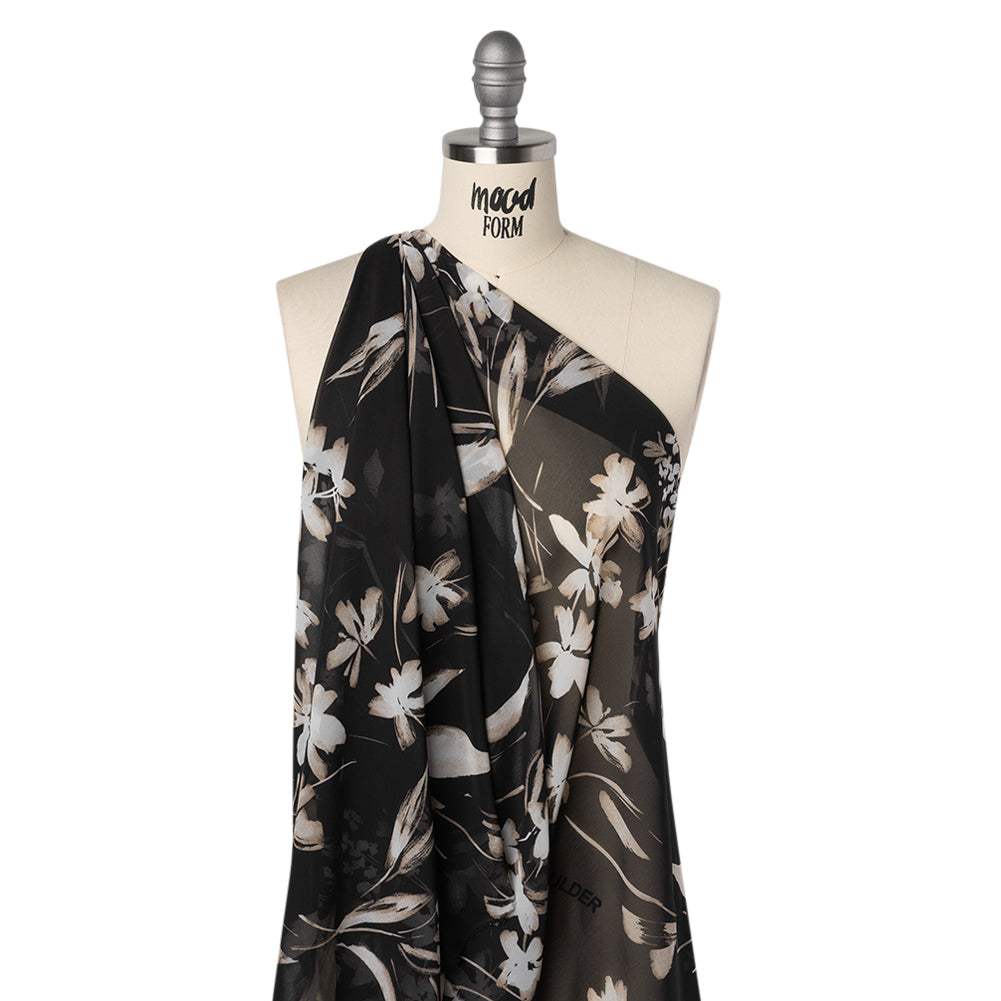 Polyester Chiffon Print - Black, Taupe and White Floral - Designer Deadstock - Drape