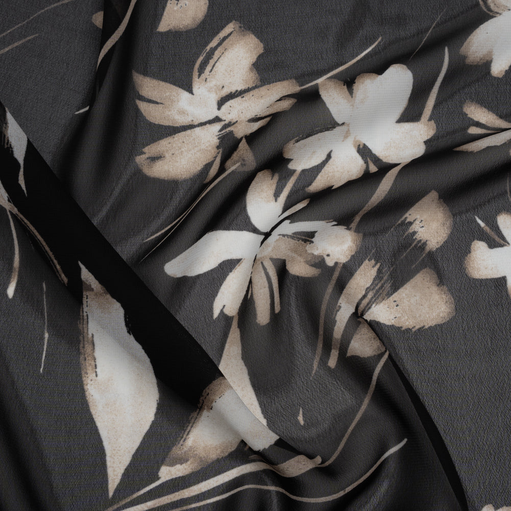 Polyester Chiffon Print - Black, Taupe and White Floral - Designer Deadstock