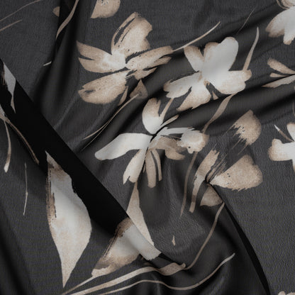 Polyester Chiffon Print - Black, Taupe and White Floral - Designer Deadstock