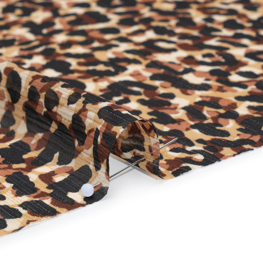 Crinkled Polyester Chiffon Print with Metallic Gold Pinstripes - Black, Brown and Beige Abstract Animal Spots - Designer Deadstock Detail