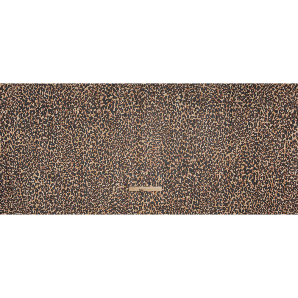 Crinkled Polyester Chiffon Print with Metallic Gold Pinstripes - Black, Brown and Beige Abstract Animal Spots - Designer Deadstock Full