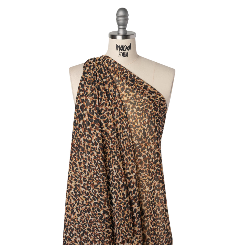 Crinkled Polyester Chiffon Print with Metallic Gold Pinstripes - Black, Brown and Beige Abstract Animal Spots - Designer Deadstock Drape