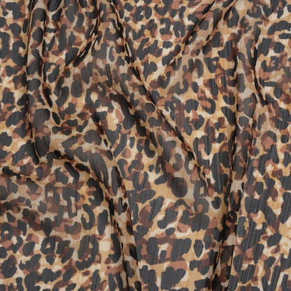 Crinkled Polyester Chiffon Print with Metallic Gold Pinstripes - Black, Brown and Beige Abstract Animal Spots - Designer Deadstock