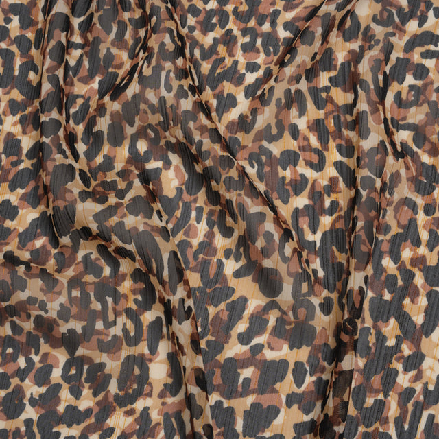 Crinkled Polyester Chiffon Print with Metallic Gold Pinstripes - Black, Brown and Beige Abstract Animal Spots - Designer Deadstock