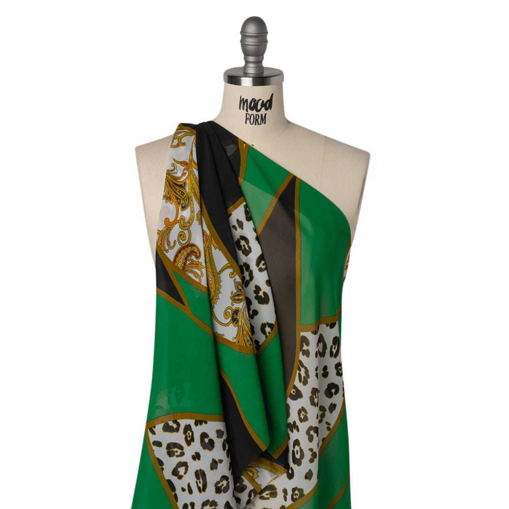 Polyester Chiffon Print - Green, Black and Gold Classical Patchwork - Designer Deadstock - Drape