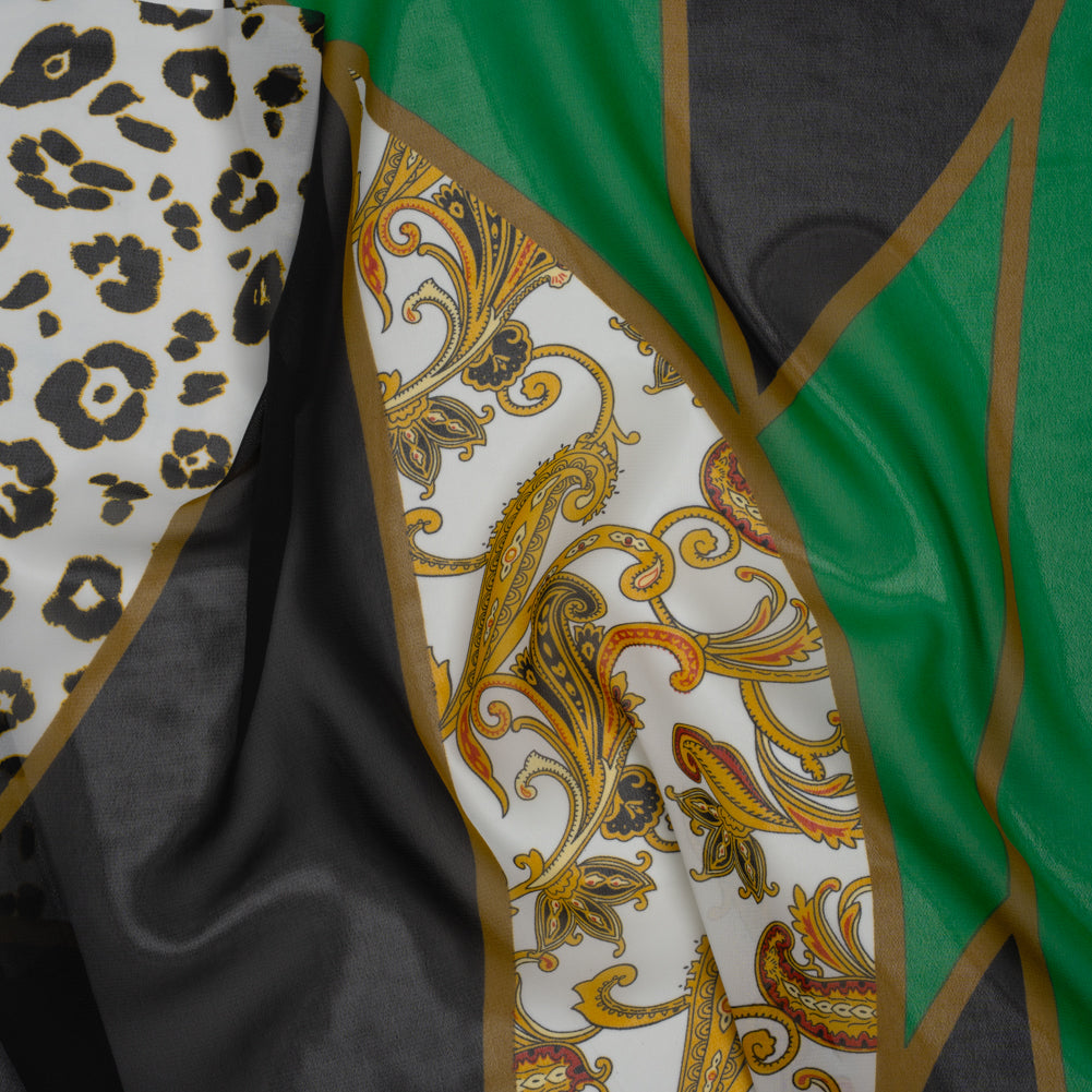Polyester Chiffon Print - Green, Black and Gold Classical Patchwork - Designer Deadstock