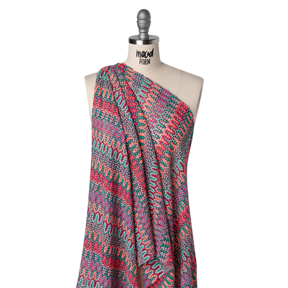 Lacy Sweater Knit with Metallic Accents - Magenta, Neon Orange and Teal Wave Stripes - Designer Deadstock - Folded