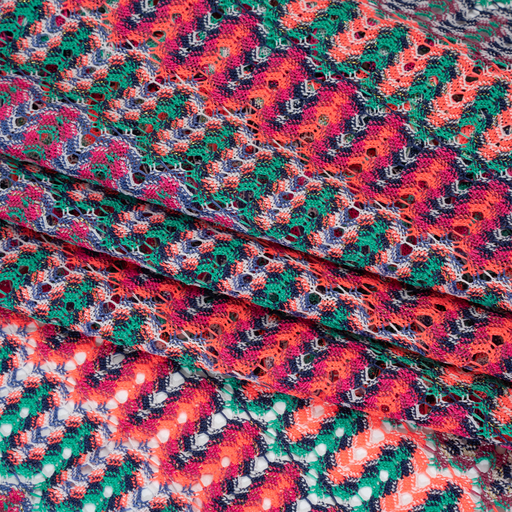 Lacy Sweater Knit with Metallic Accents - Magenta, Neon Orange and Teal Wave Stripes - Designer Deadstock - Detail