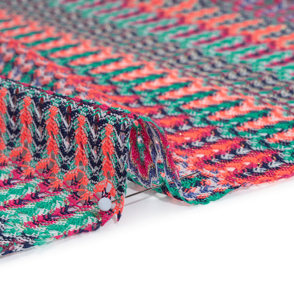 Lacy Sweater Knit with Metallic Accents - Magenta, Neon Orange and Teal Wave Stripes - Designer Deadstock - Full - Image 4 of 5
