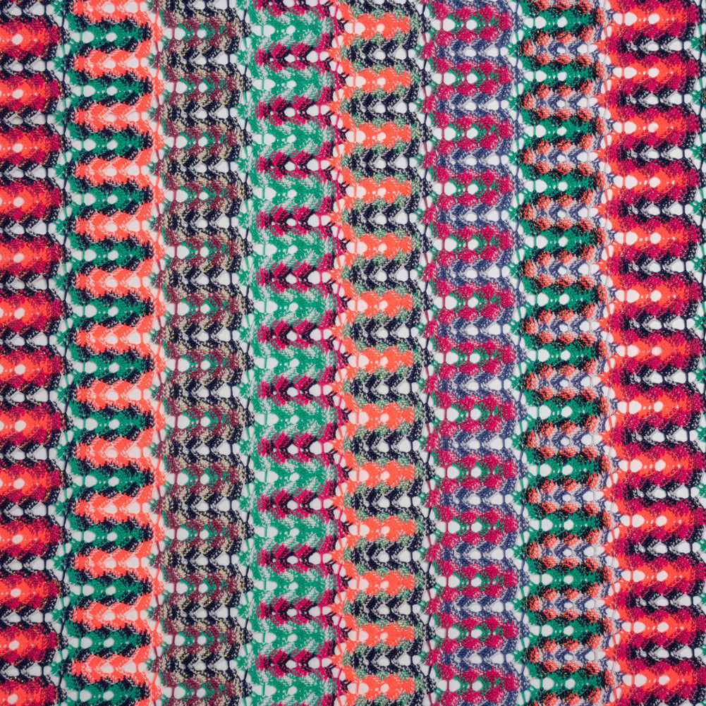 Lacy Sweater Knit with Metallic Accents - Magenta, Neon Orange and Teal Wave Stripes - Designer Deadstock - Drape