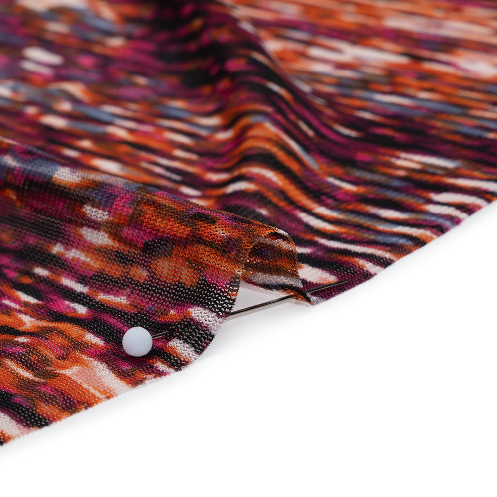 Stretch Polyester Mesh Print - Deep Magenta, Orange and White Striations - Designer Deadstock - Detail