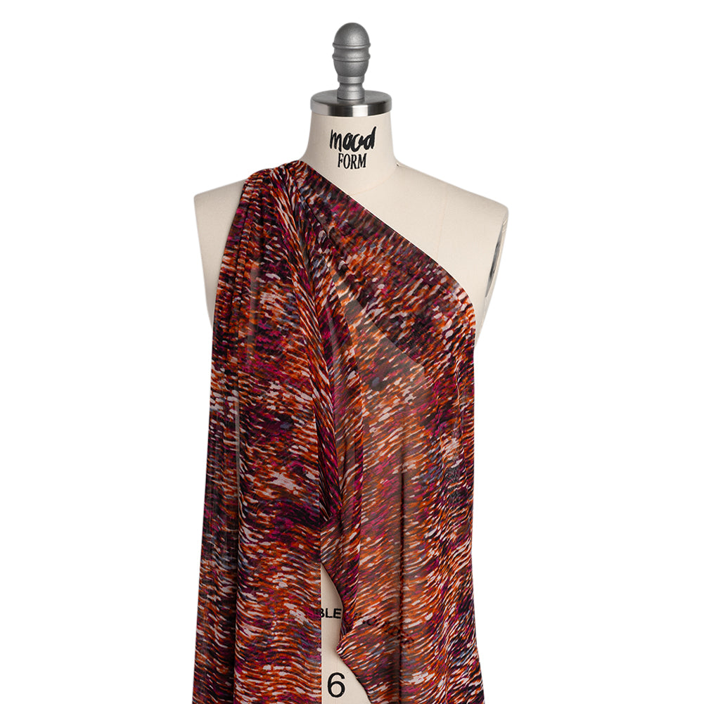 Stretch Polyester Mesh Print - Deep Magenta, Orange and White Striations - Designer Deadstock - Drape