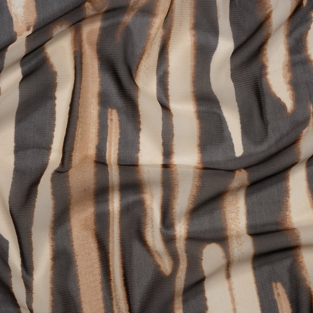 Polyester Stretch Mesh Print - Brown and Beige Painter Animal Stripes - Designer Deadstock