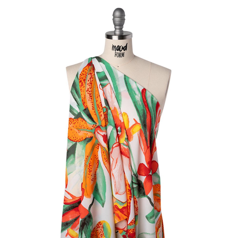 Lightweight Polyester Crepe Print - Bright Orange, Yellow and Green Brilliant Flowers and Orchids - Designer Deadstock - Folded