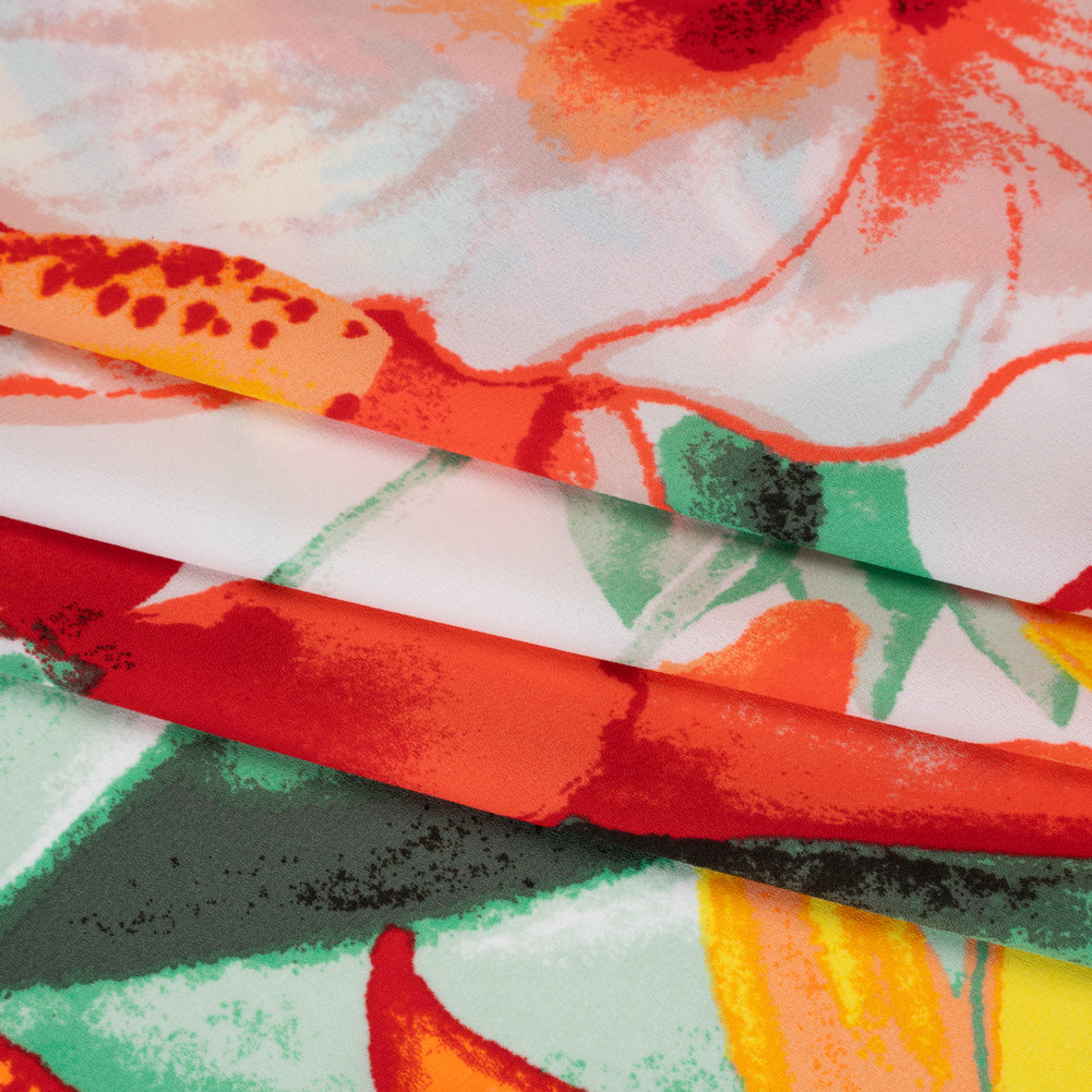 Lightweight Polyester Crepe Print - Bright Orange, Yellow and Green Brilliant Flowers and Orchids - Designer Deadstock - Detail