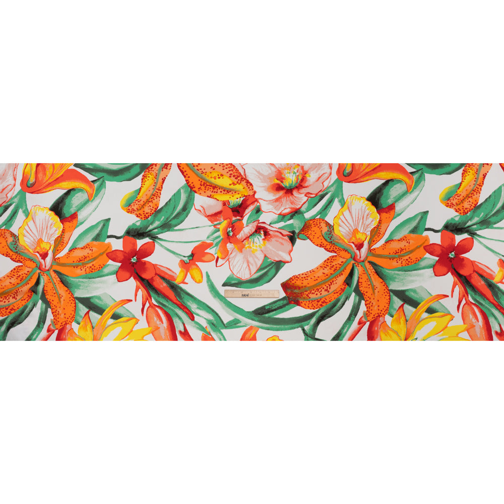 Lightweight Polyester Crepe Print - Bright Orange, Yellow and Green Brilliant Flowers and Orchids - Designer Deadstock - Full - Image 5 of 5