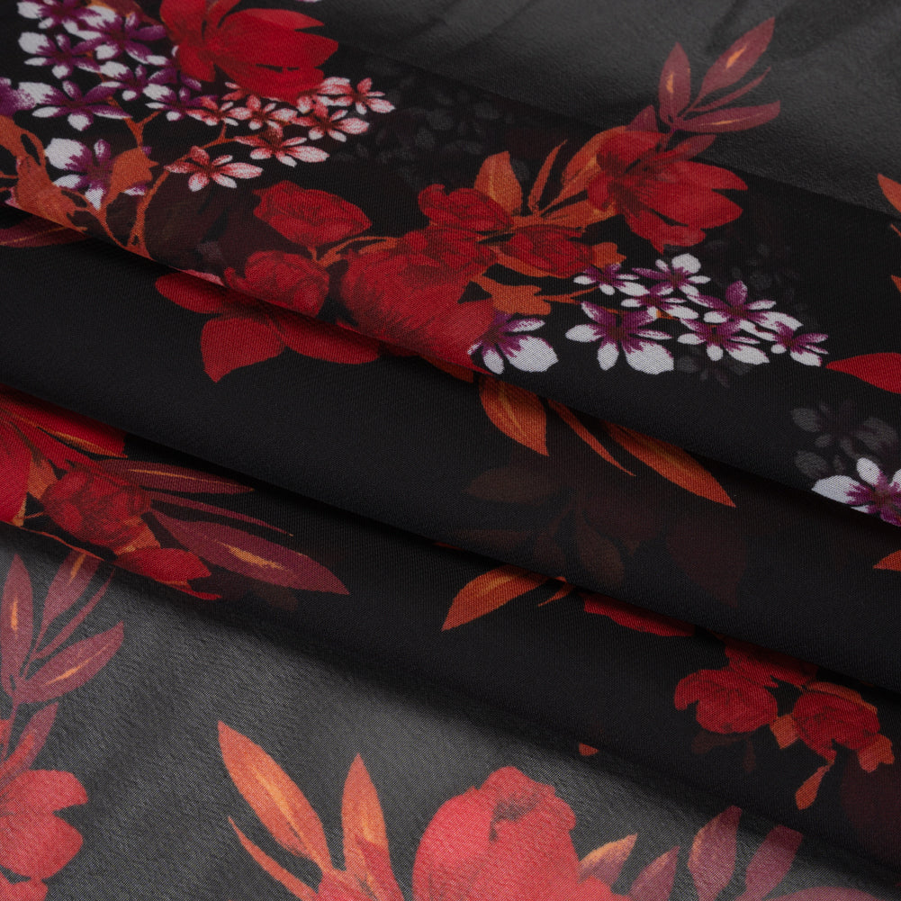 Polyester Chiffon Print - Red, Plum and Black Floral Bunches - Designer Deadstock - Folded